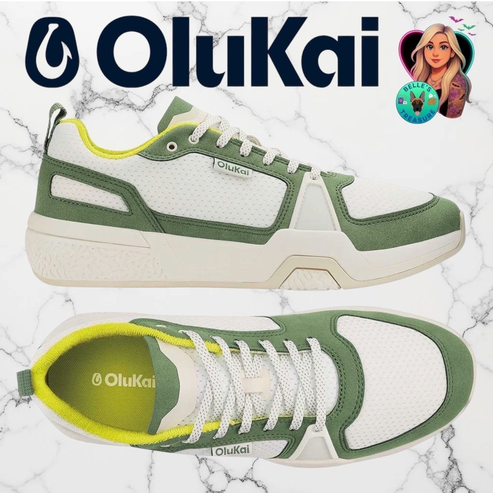 OluKai Huia Men's 9.5 Sneakers White Sage Green Lime Trainers Pickleball Shoes